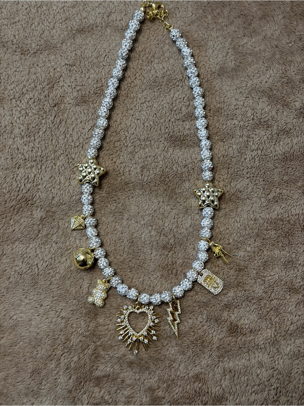 Gold and Clear Crystal Charm Statement Necklace - Women's Jewelry